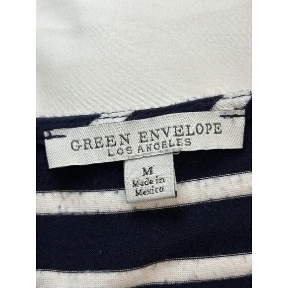 GREEN ENVELOPE Navy Blue White Striped Short Sleeve Cinched Waist Maxi Dress Med - Picture 7 of 9
